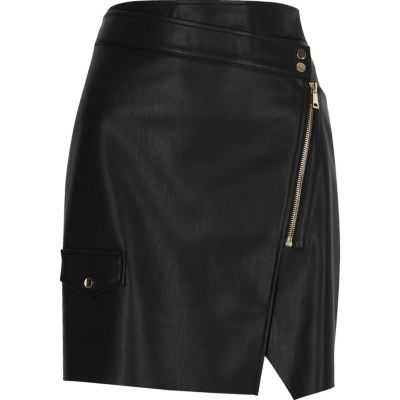 Black leather look wrap mini skirt